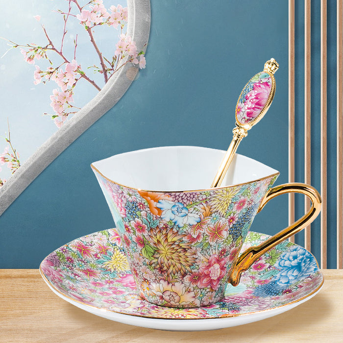 Enamel Wanhua Tea Cup And Saucer Set