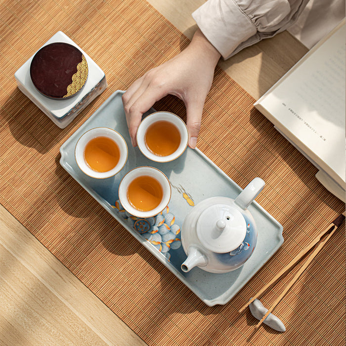 Blue Lotus Ceramic Tea Set With Tea Canister