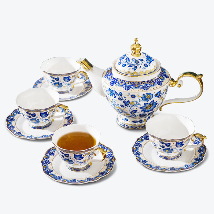 Blue And White Floral Bone China Coffee & Tea Set