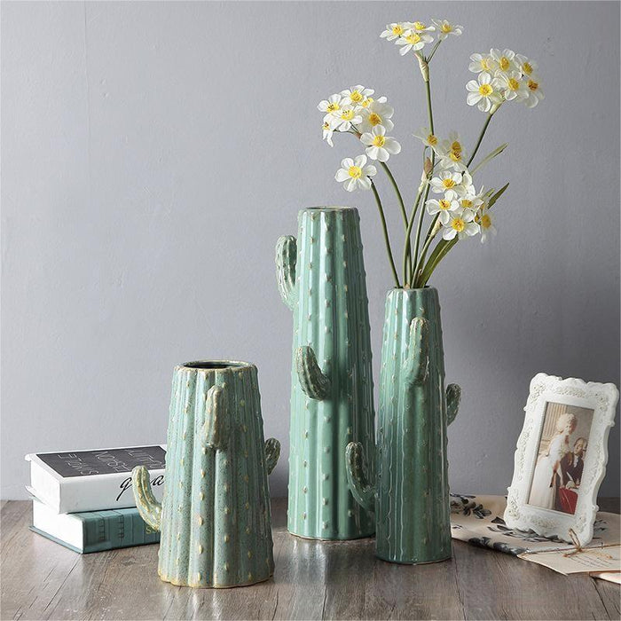 Green Glaze Cactus Ceramic Vase-3