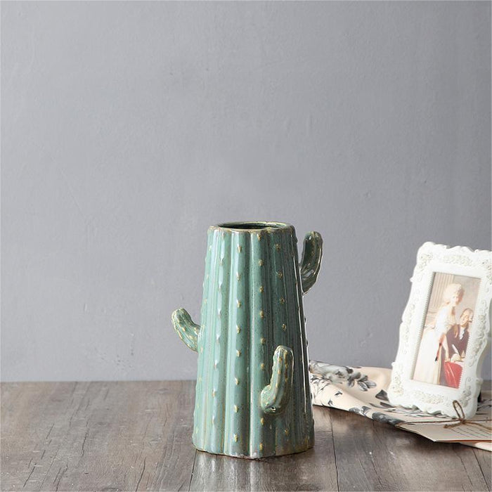 Green Glaze Cactus Ceramic Vase-6