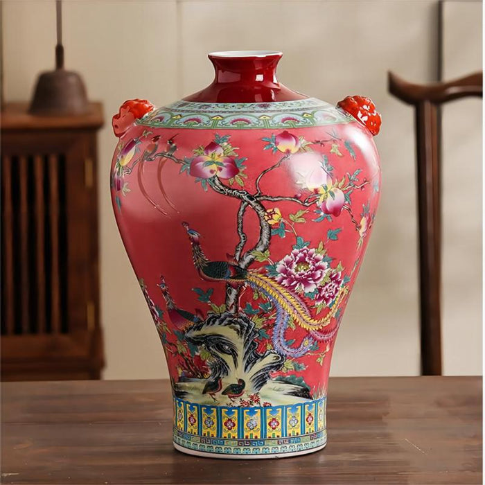 Amphora Flower and Bird Chinoiserie Porcelain Vase-3