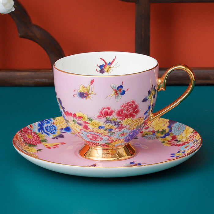 Bone China Bird and Flower Enamel Cup and Saucer Set of 2-4