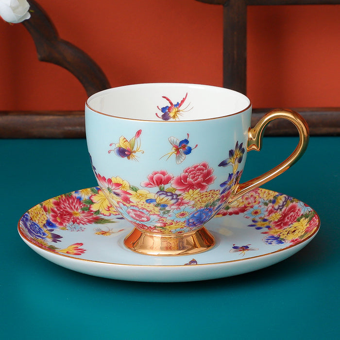 Bone China Bird and Flower Enamel Cup and Saucer Set of 2-9