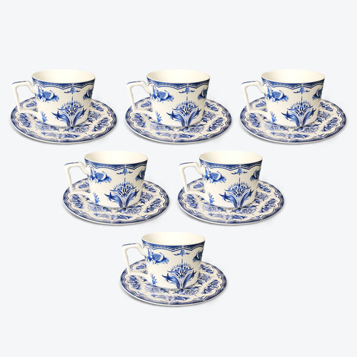 Blue Flower Bone China Coffee Cup and Saucer Set of 6-1