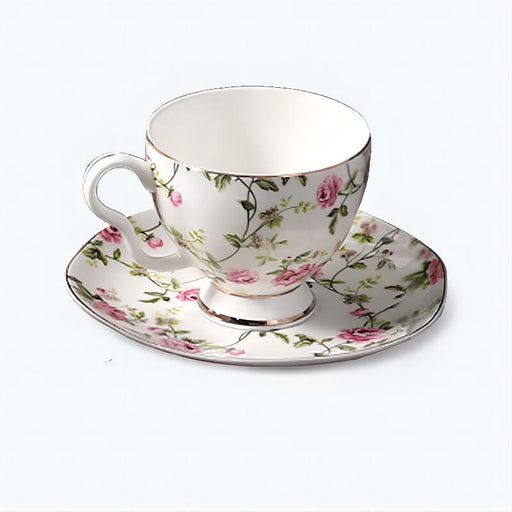 Pastoral Flowers Golden Rim Bone China Coffee Cup and Saucer Set-1