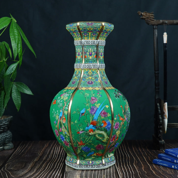 Hand-Painted Flower and Bird Enamel Vase