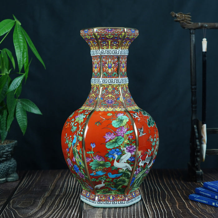 Hand-Painted Flower and Bird Enamel Vase
