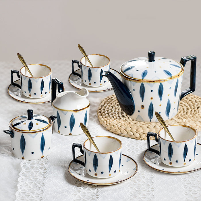 Hand-painted Blue Leaves-Shaped Coffee & Tea Set