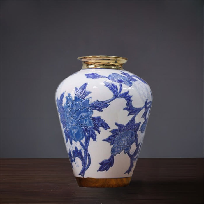 Chinoiserie Floral Blue and White Porcelain Vase