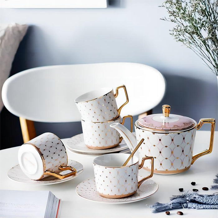 Golden Rim Geometric Coffee Cup and Saucer Set