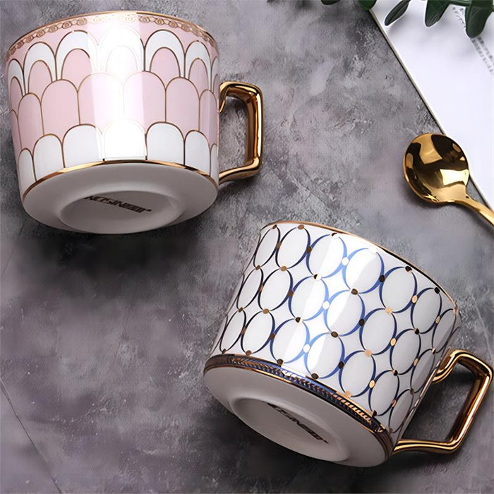 Golden Rim Geometric Coffee Cup and Saucer Set