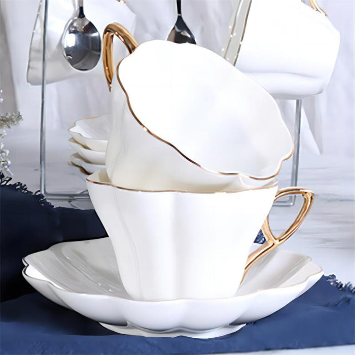 Golden Rim Simple White Ceramic Coffee Cup and Saucer Set