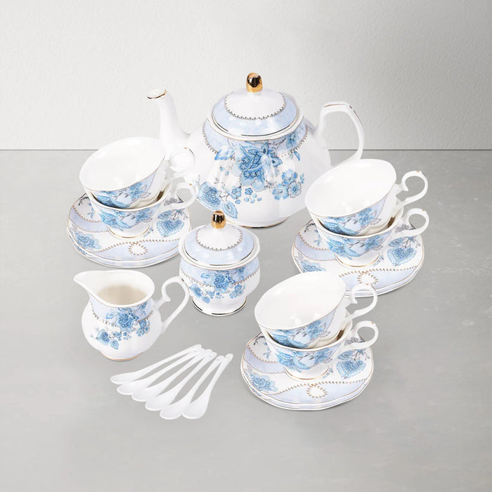 Blue Floral Ceramic Teapot and Mug Set