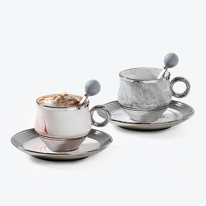 Marbled Grey Pink Coffee Cup And Saucer With Silver-plated Spoon