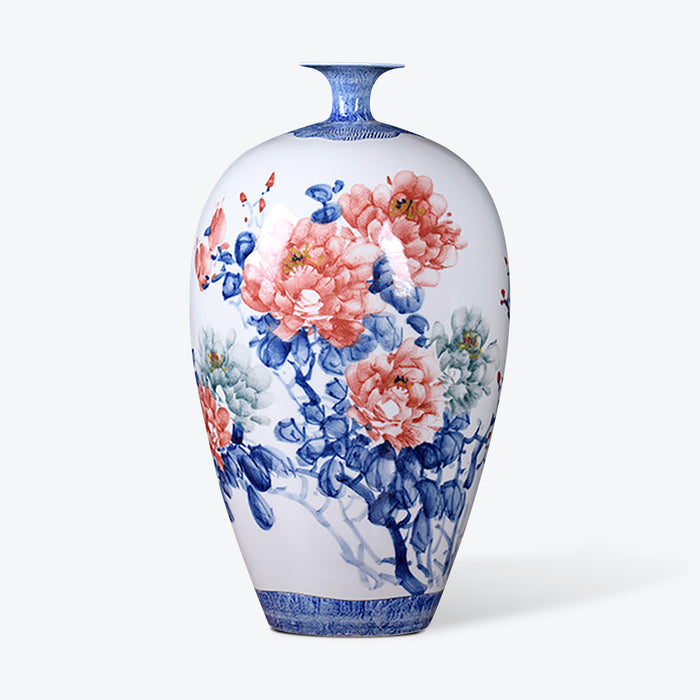 Blue And White Hand Painted Red Flower Floor Vase