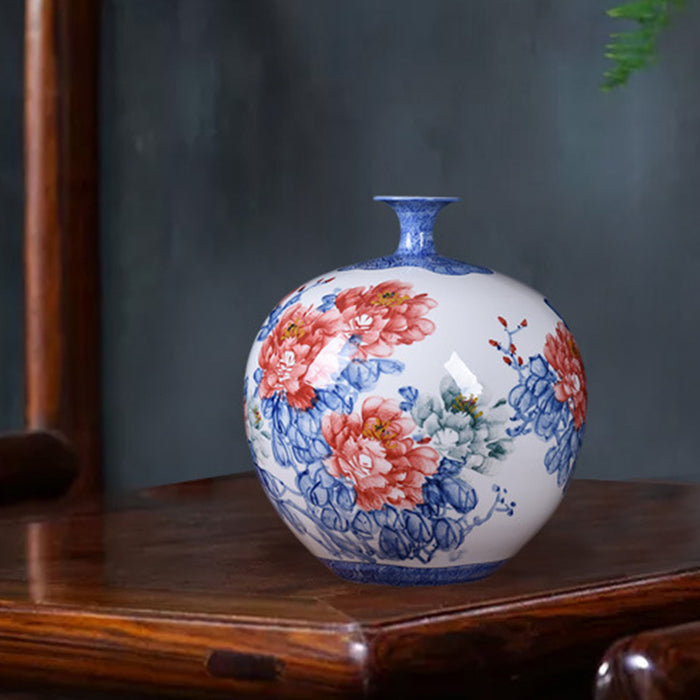 Blue And White Hand Painted Red Flower Floor Vase
