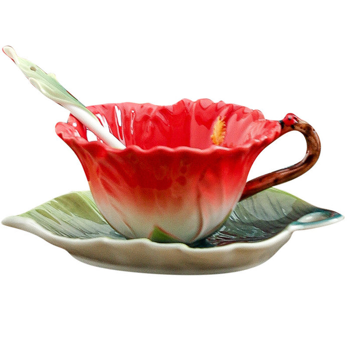 Flower And Leaf Colored Enamel Tea Cup and Saucer