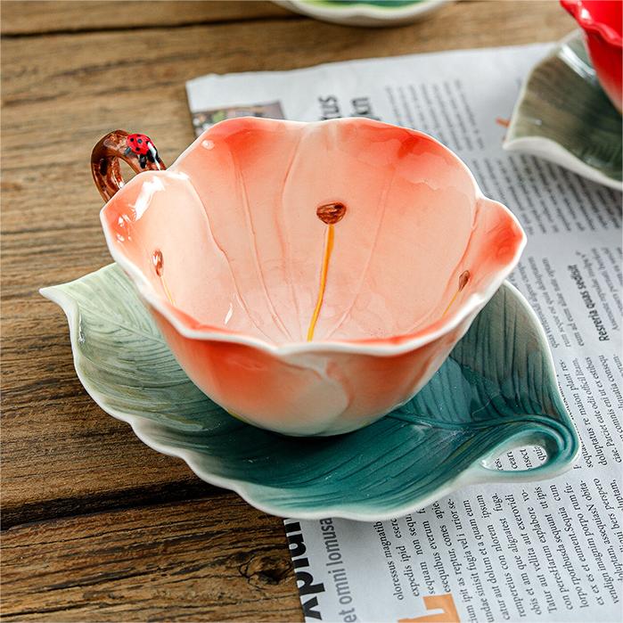 Flower And Leaf Colored Enamel Tea Cup and Saucer