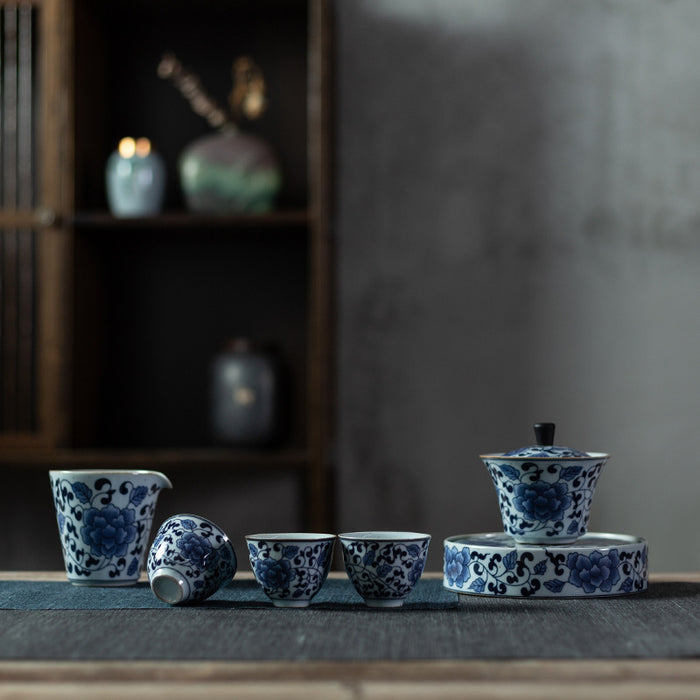 Classic Lotus Blue and White Porcelain Tea Set