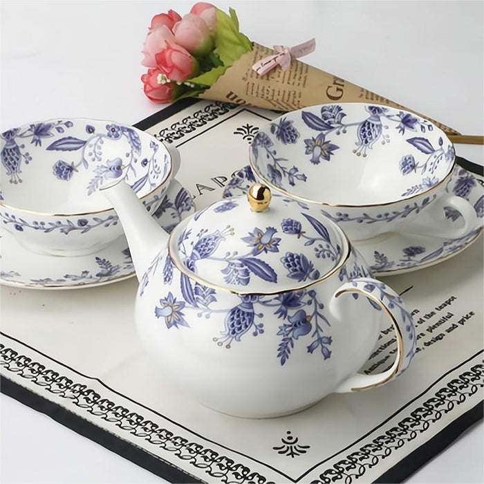 Blue And White Floral Porcelain Tea Set