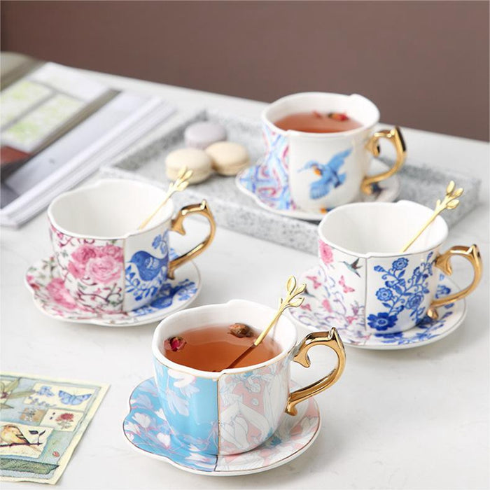 Set of 4 Flowers Birds Tea Cup And Saucers