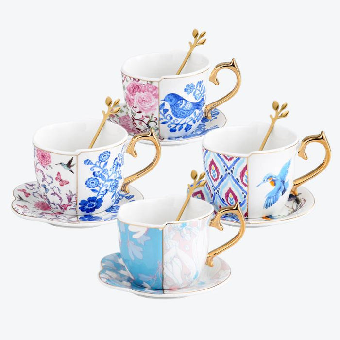 Set of 4 Flowers Birds Tea Cup And Saucers