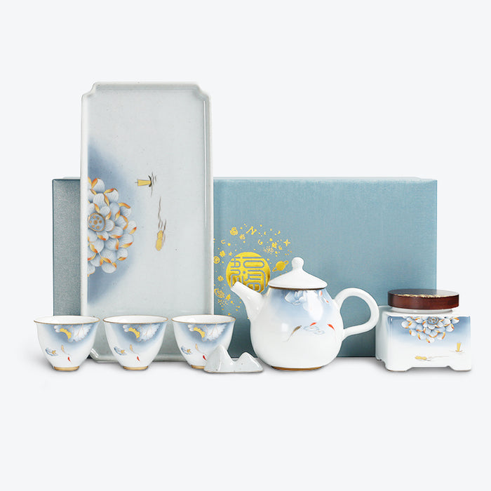Blue Lotus Ceramic Tea Set With Tea Canister