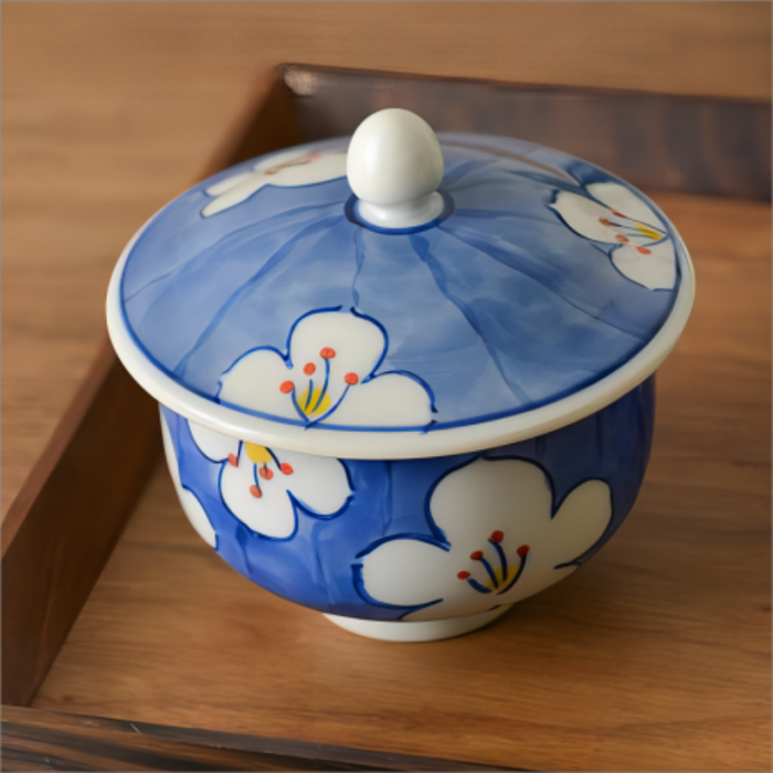 Japanese Flower Handpainted Tea Cup with Lid
