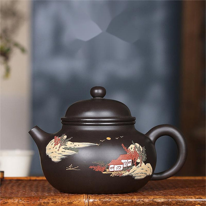 Yixing Landscape Painting Black Clay Teapot