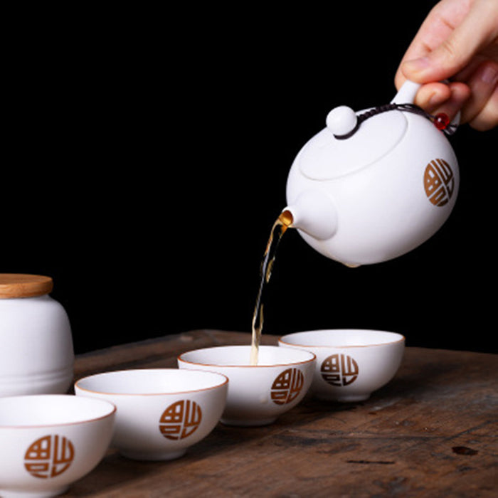 White and Gold Chinese Ceramic Kung Fu Tea Set