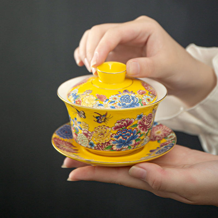 Yellow Royal Chinese Enamel Porcelain Tea Set