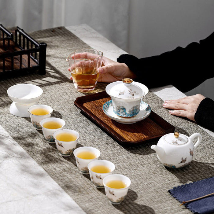 Chinese Wave and Crane Porcelain Tea Set