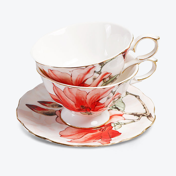 Red Flower Bone China Cup And Saucer Set