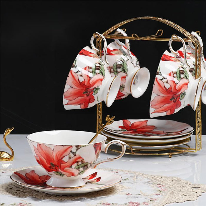 Red Flower Bone China Cup And Saucer Set