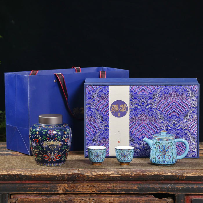 Blue Royal Enamel Ceramic Tea Sets With Caddy