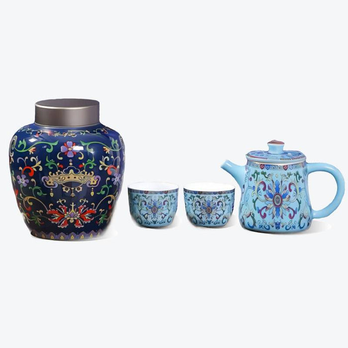 Blue Royal Enamel Ceramic Tea Sets With Caddy