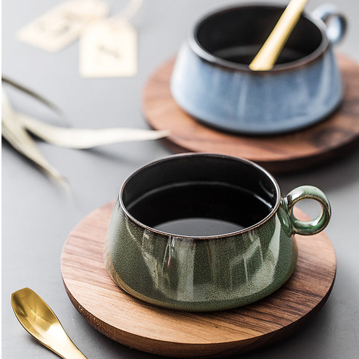 Japanese Ceramic Coffee Cup With Wooden Saucer