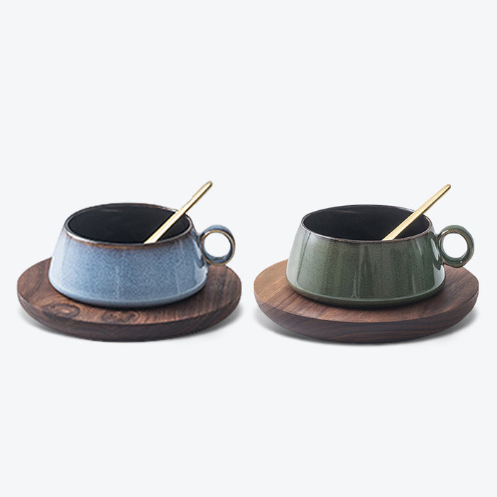 Japanese Ceramic Coffee Cup With Wooden Saucer