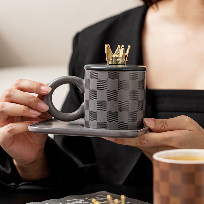 Checkerboard Ceramic Coffee Cup With Lid