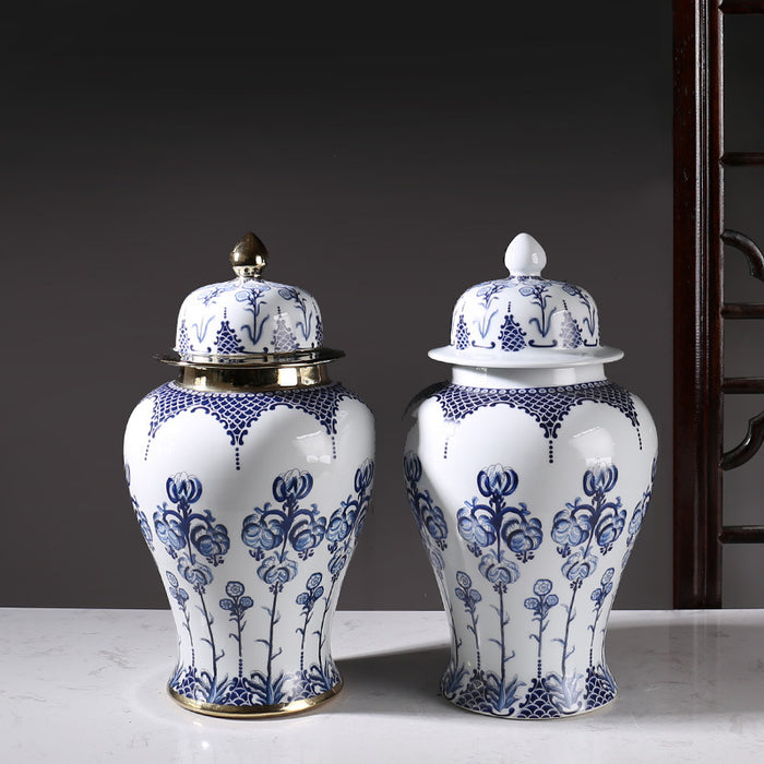 Jingdezhen Blue and White Porcelain Chinoiserie Temple Jar-3