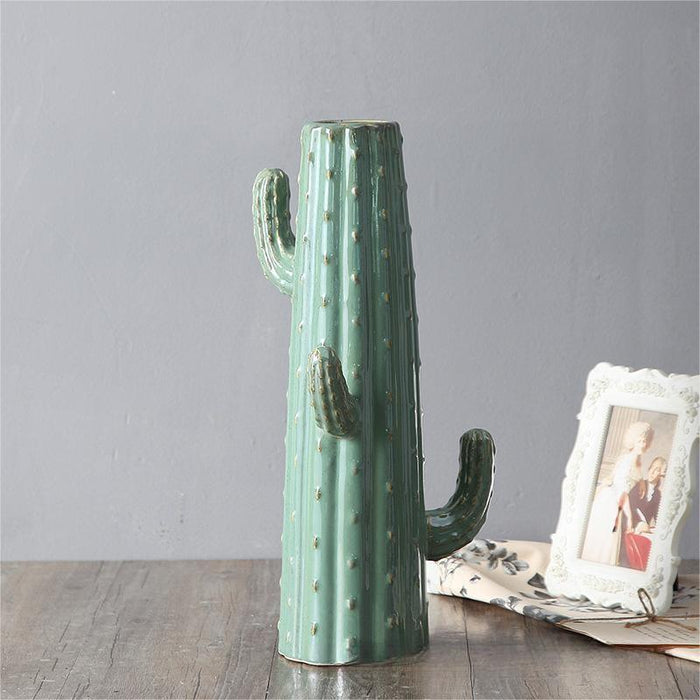 Green Glaze Cactus Ceramic Vase-4