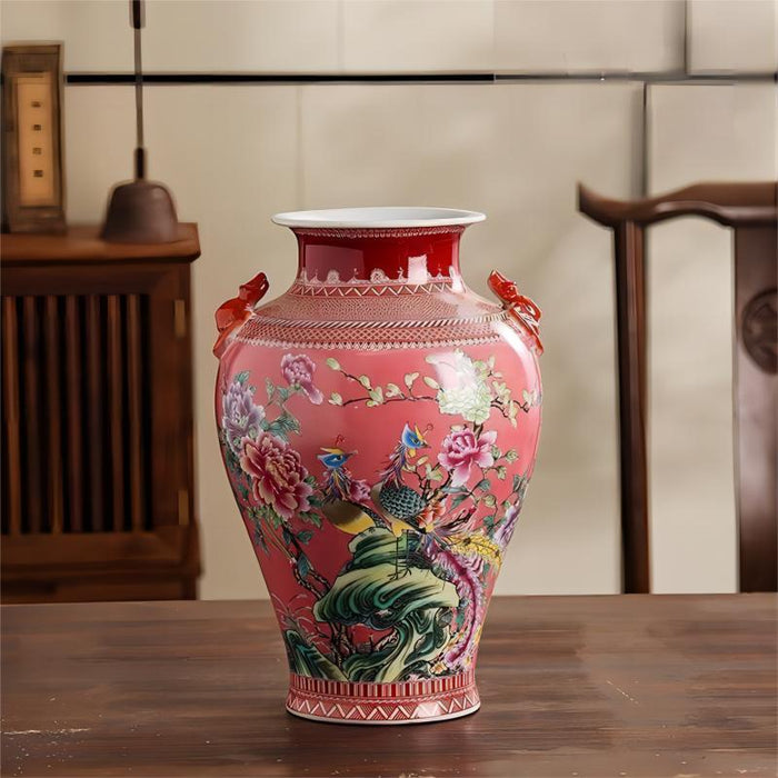 Amphora Flower and Bird Chinoiserie Porcelain Vase-2