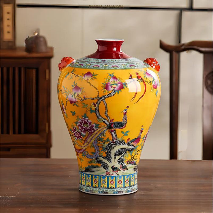 Amphora Flower and Bird Chinoiserie Porcelain Vase-7