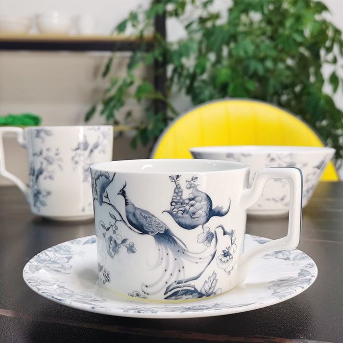 Chinese Blue Flower and Peacock Ceramic Cup and Saucer Set of 6-8