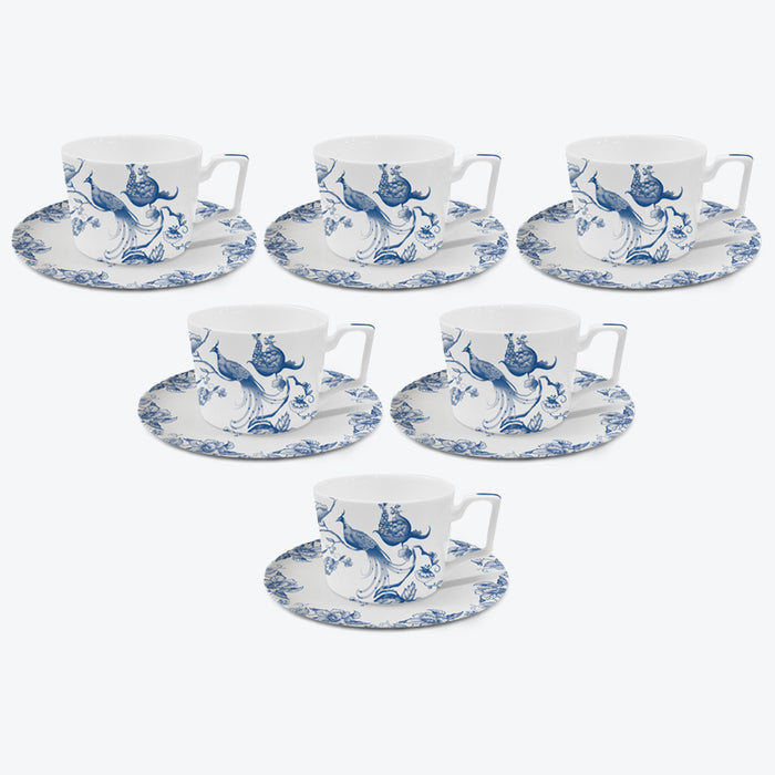 Chinese Blue Flower and Peacock Ceramic Cup and Saucer Set of 6-5