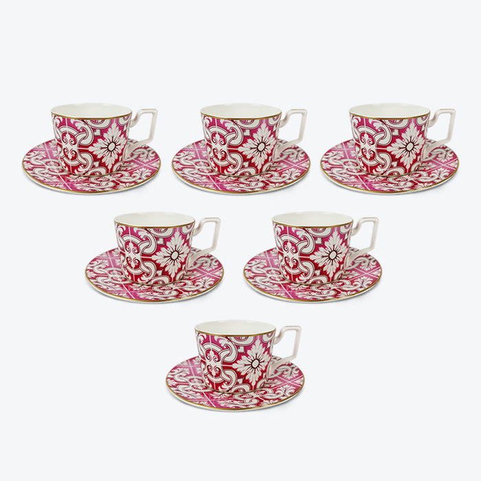 Red Flower Coffee Cup and Saucer Set of 6-1