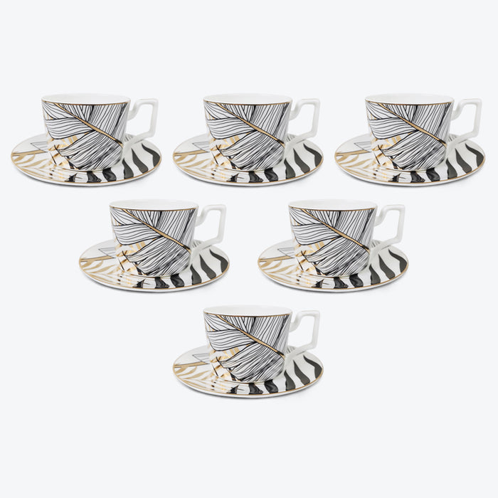 Bone China Leaf Pattern Coffee Cup and Saucer Set of 6-1