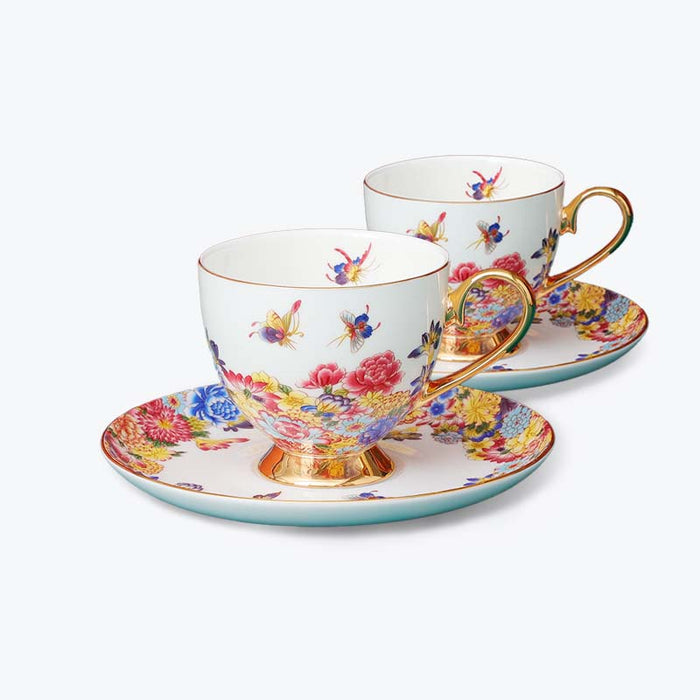 Bone China Bird and Flower Enamel Cup and Saucer Set of 2-1