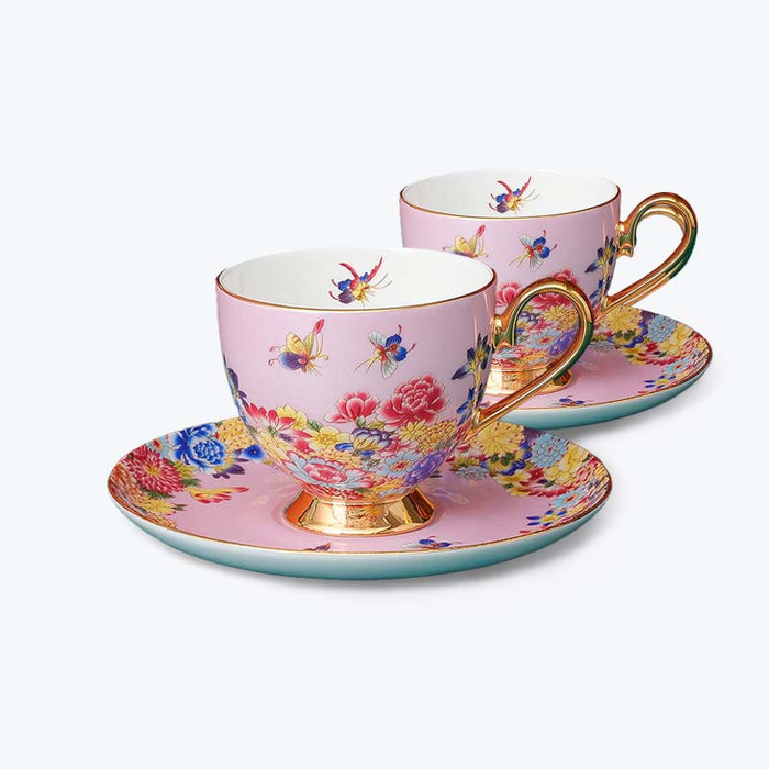 Bone China Bird and Flower Enamel Cup and Saucer Set of 2-3